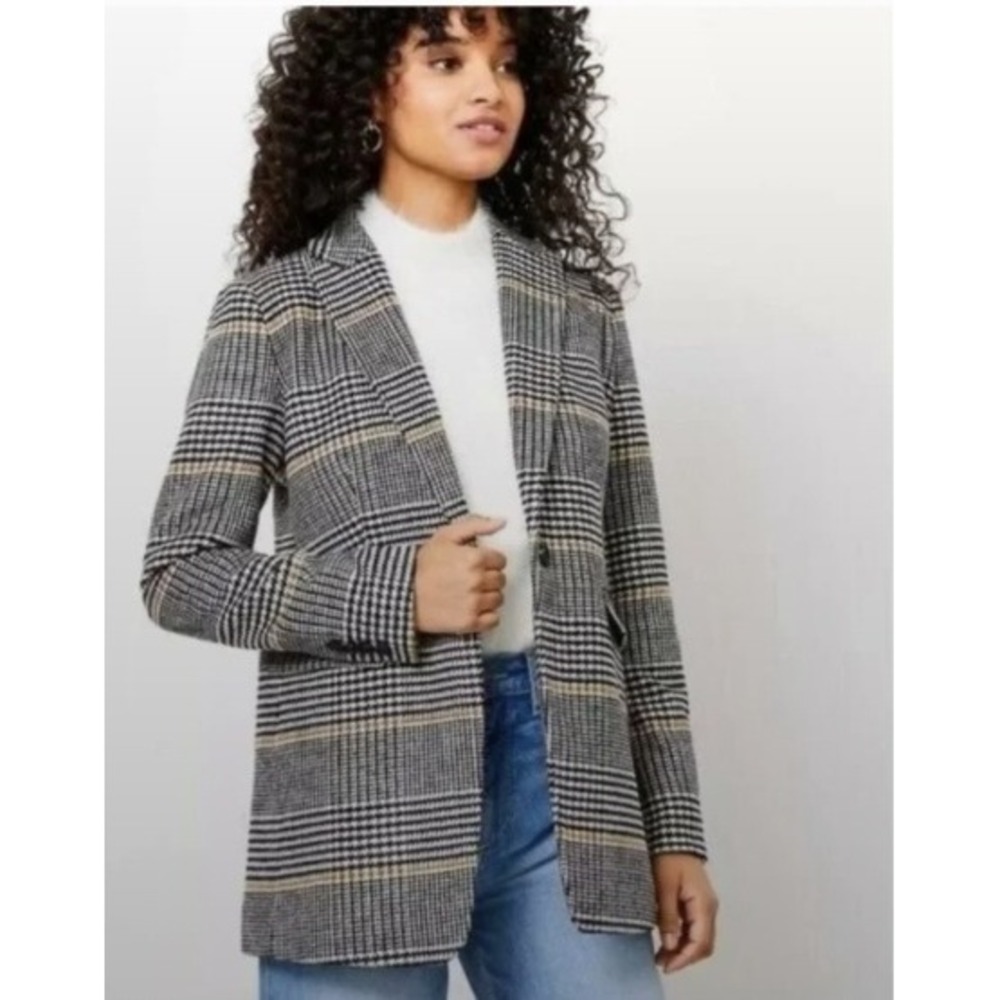 LOFT Plaid Houndstooth Wool Single Button Blazer Women 12P Black Cream Academia